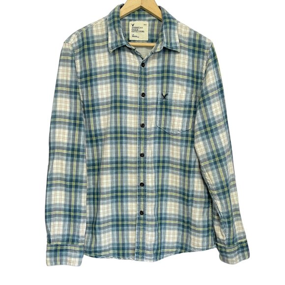 American Eagle Outfitters Button Flannel Shirt Mens L Blue Plaid Soft Cotton - Picture 1 of 13